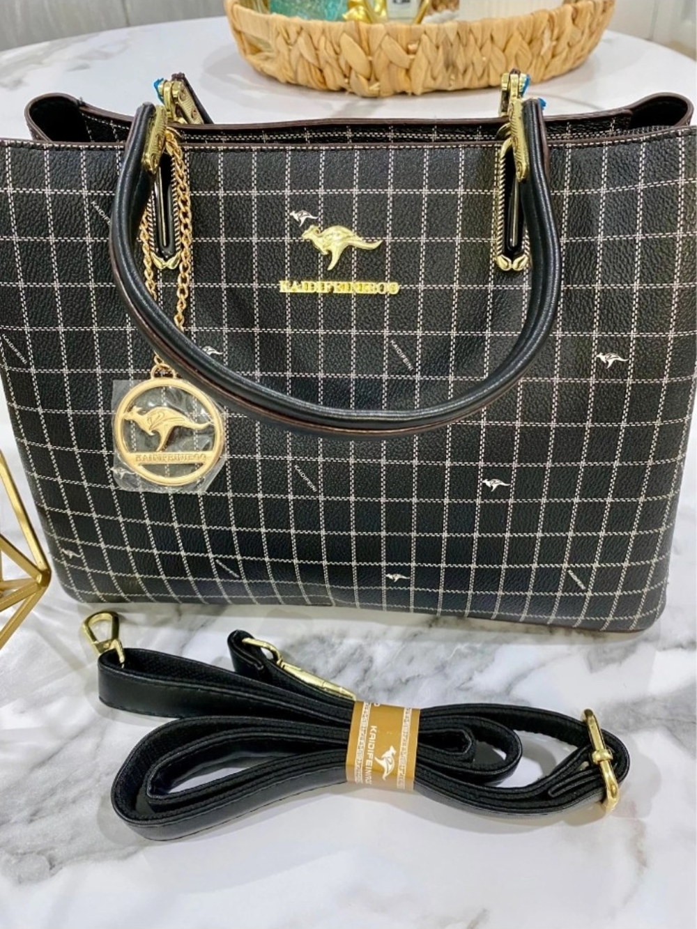 kangaROOS Black Check Satchel with Gold Hardware